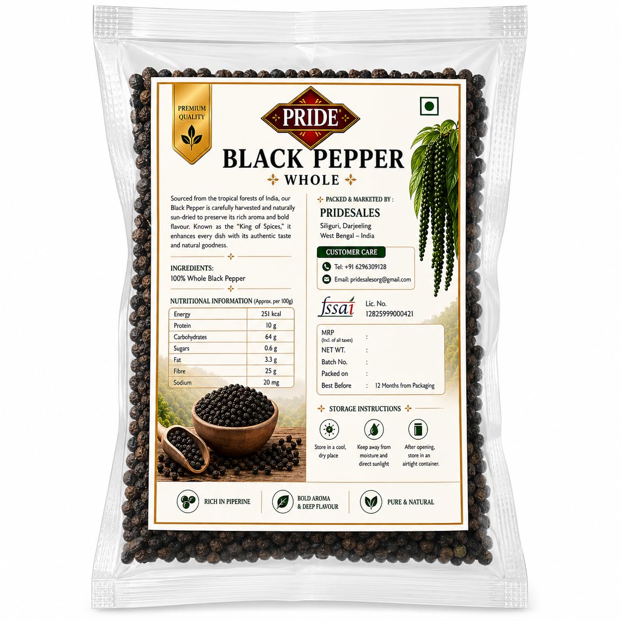 Pride Whole Black Pepper (Kali Mirch) | Premium Quality Whole Peppercorns | Bold Aroma & Rich Flavour | Pure & Natural Spices | Ideal for Cooking, Grinding & Seasoning (200g)
