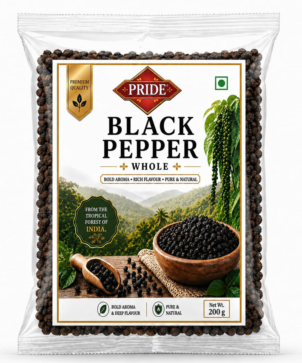 Pride Whole Black Pepper (Kali Mirch) | Premium Quality Whole Peppercorns | Bold Aroma & Rich Flavour | Pure & Natural Spices | Ideal for Cooking, Grinding & Seasoning (200g)